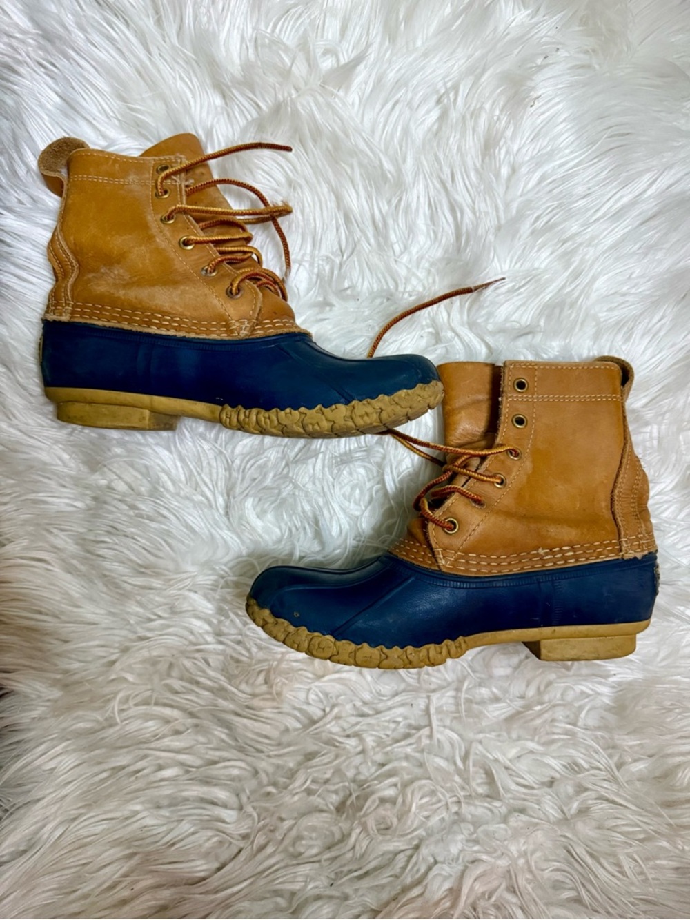 L.L. Bean Two-Tone Tan and Navy Lace-Up Duck Boots
